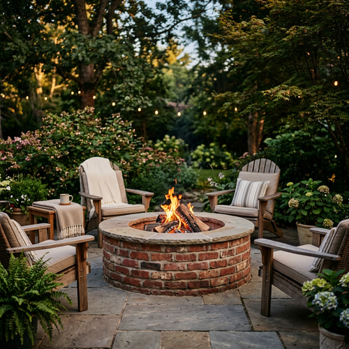 Brick fire pit on a backyard patio